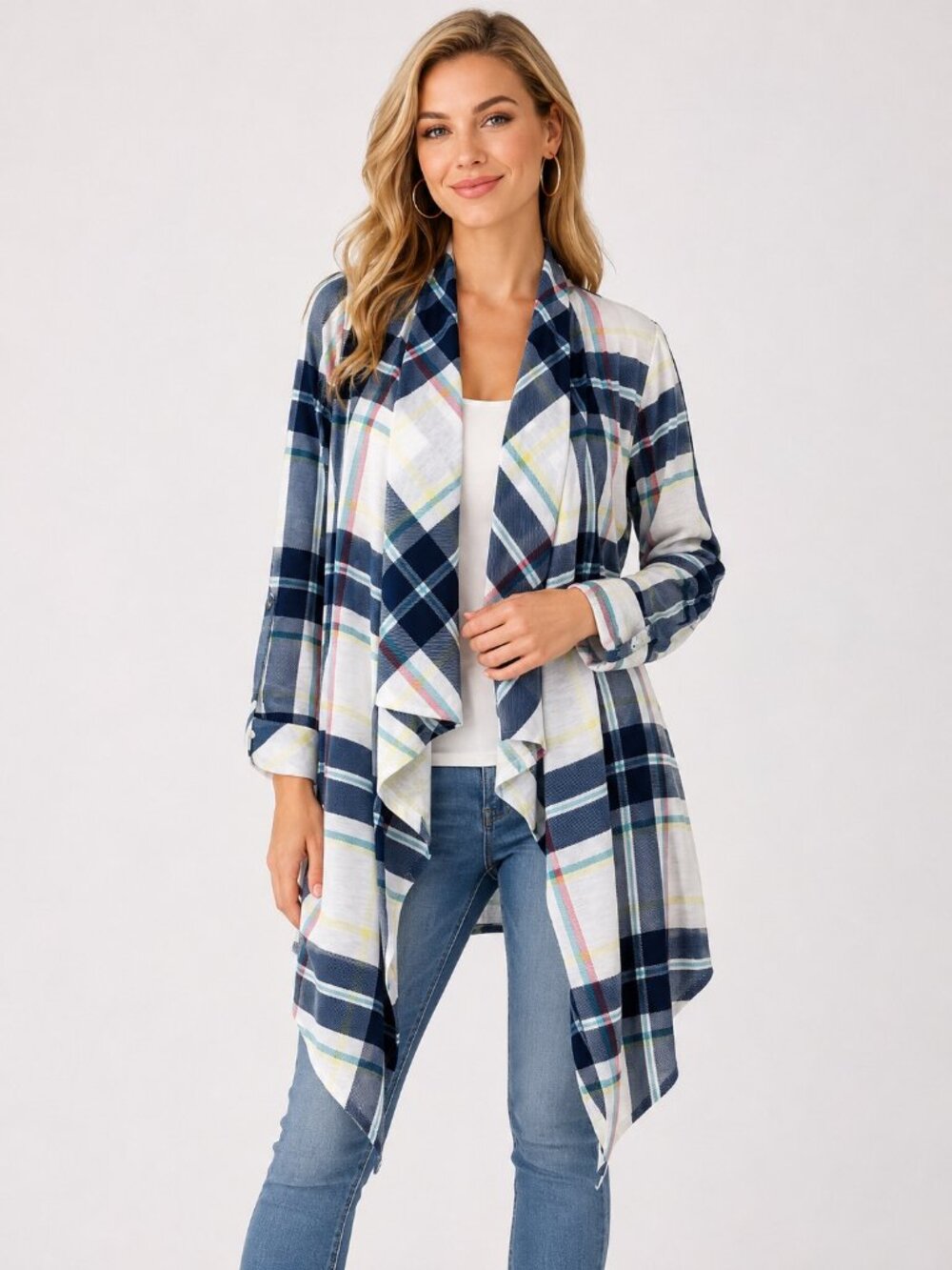 New York Laundry Blue Plaid Waterfall Cardigan L Roll Tab Sleeves Open Front NWT